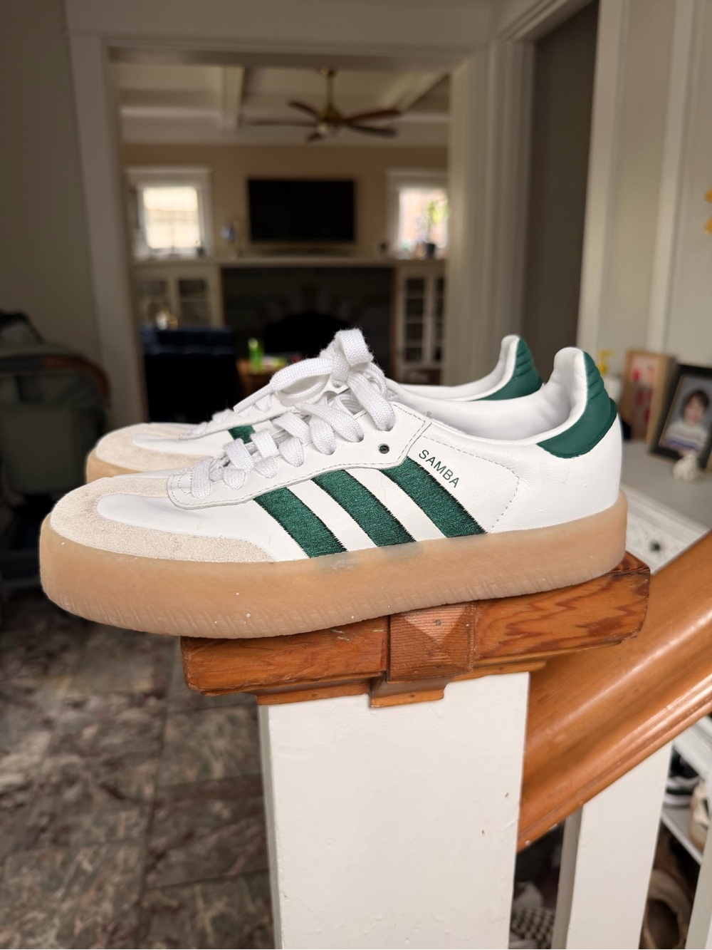 adidas Samba White Sneakers with Green Stripes and Gum Sole Women - Picture 4 of 8
